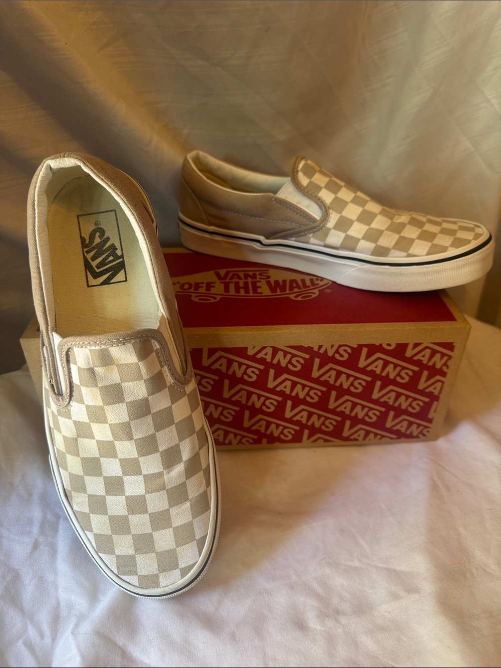 Vans Slip-On Checkerboard  Beige & White W9 M 7.5